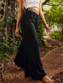 S BETRO Pantalones de pierna ancha en contraste geométrico cinta bajo con fruncido