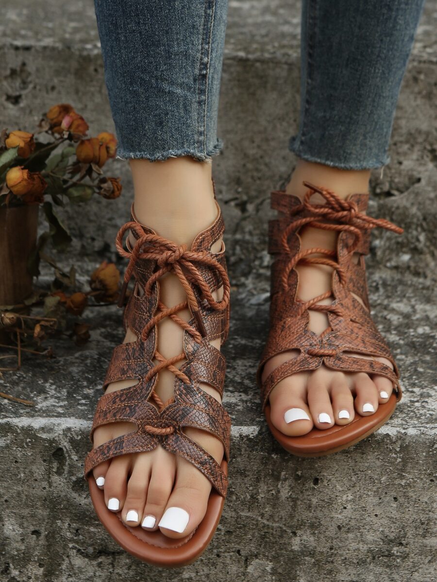 Snakeskin Embossed Lace-up Front Gladiator Sandals - Brown - View 1