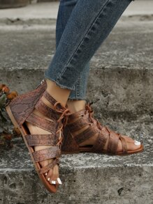 Snakeskin Embossed Lace-up Front Gladiator Sandals - Brown - View 2