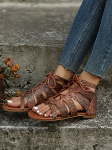 Snakeskin Embossed Lace-up Front Gladiator Sandals - Brown - View 3