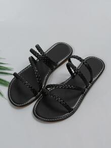 女士編織設計平底度假黑色涼拖
