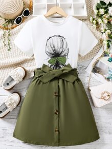 SHEIN 女孩人像圖案T恤和腰帶半身裙 - 彩色 - 查看 1