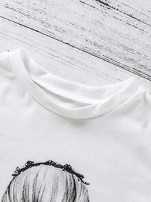 SHEIN 女孩人像圖案T恤和腰帶半身裙 - 彩色 - 查看 4