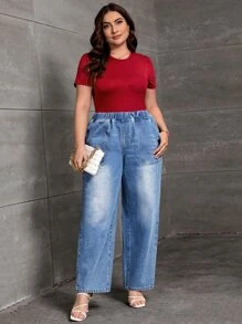 Plus Elastic Waist Slant Pocket Straight Leg Jeans - Medium Wash - View 3