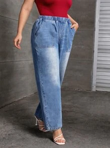 Plus Elastic Waist Slant Pocket Straight Leg Jeans - Medium Wash - View 4