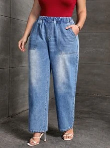 Plus Elastic Waist Slant Pocket Straight Leg Jeans - Medium Wash - View 5