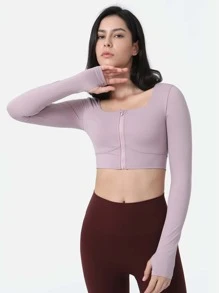 Zip Up Crop Sports Jacket Compression Shirt - Mauve Purple - View 1