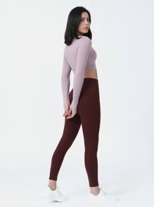 Zip Up Crop Sports Jacket Compression Shirt - Mauve Purple - View 4