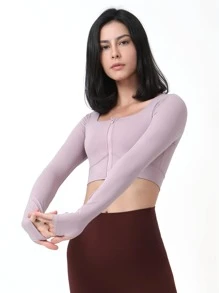 Zip Up Crop Sports Jacket Compression Shirt - Mauve Purple - View 6