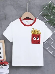 SHEIN Cute & Comfortable Boys Colorblock Collar Cartoon Print Short Sleeve Top - White - View 1