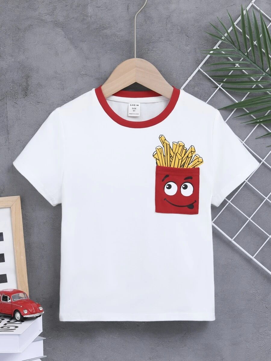SHEIN Cute & Comfortable Boys Colorblock Collar Cartoon Print Short Sleeve Top - White - View 1