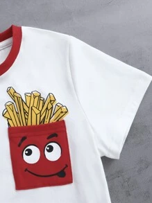 SHEIN Cute & Comfortable Boys Colorblock Collar Cartoon Print Short Sleeve Top - White - View 4