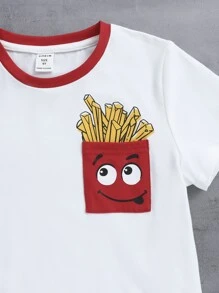 SHEIN Cute & Comfortable Boys Colorblock Collar Cartoon Print Short Sleeve Top - White - View 5