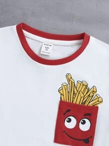 SHEIN Cute & Comfortable Boys Colorblock Collar Cartoon Print Short Sleeve Top - White - View 6