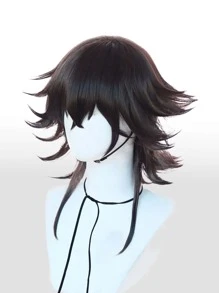 1pc Short Straight Cosplay Synthetic Wig With Bangs & 1pc Wig Cap - Brown - View 5