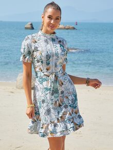 Eilly Bazar 印花泡泡袖荷葉邊繫腰帶連衣裙 - 彩色 - 查看 4