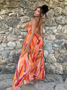 SHEIN SXY Brush Print Split Thigh Cami Dress - Multicolor - View 2