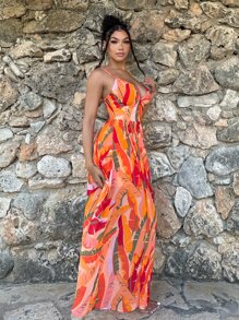 SHEIN SXY Brush Print Split Thigh Cami Dress - Multicolor - View 4