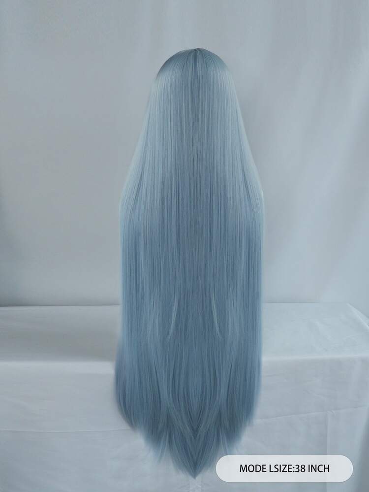 角色扮演超長直筒人造假髮帶劉海和1入組假髮帽 - 藍色 - 查看 2