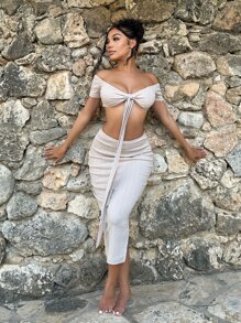 SHEIN SXY Off Shoulder Knot Front Crop Top & Ruched Split Hem Skirt - White - View 7