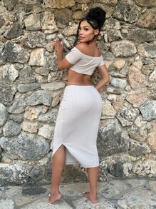 SHEIN SXY Off Shoulder Knot Front Crop Top & Ruched Split Hem Skirt - White - View 5