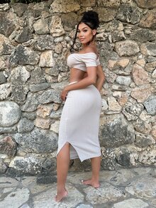 SHEIN SXY Off Shoulder Knot Front Crop Top & Ruched Split Hem Skirt - White - View 8