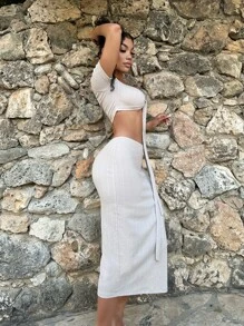 SHEIN SXY Off Shoulder Knot Front Crop Top & Ruched Split Hem Skirt - White - View 6