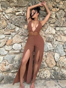 SHEIN SXY Áo liền quần nữ Lộ Lưng Tương phản ren Buộc lại Tách cao màu trơn Gợi cảm - Gỗ đỏ - Xem 1