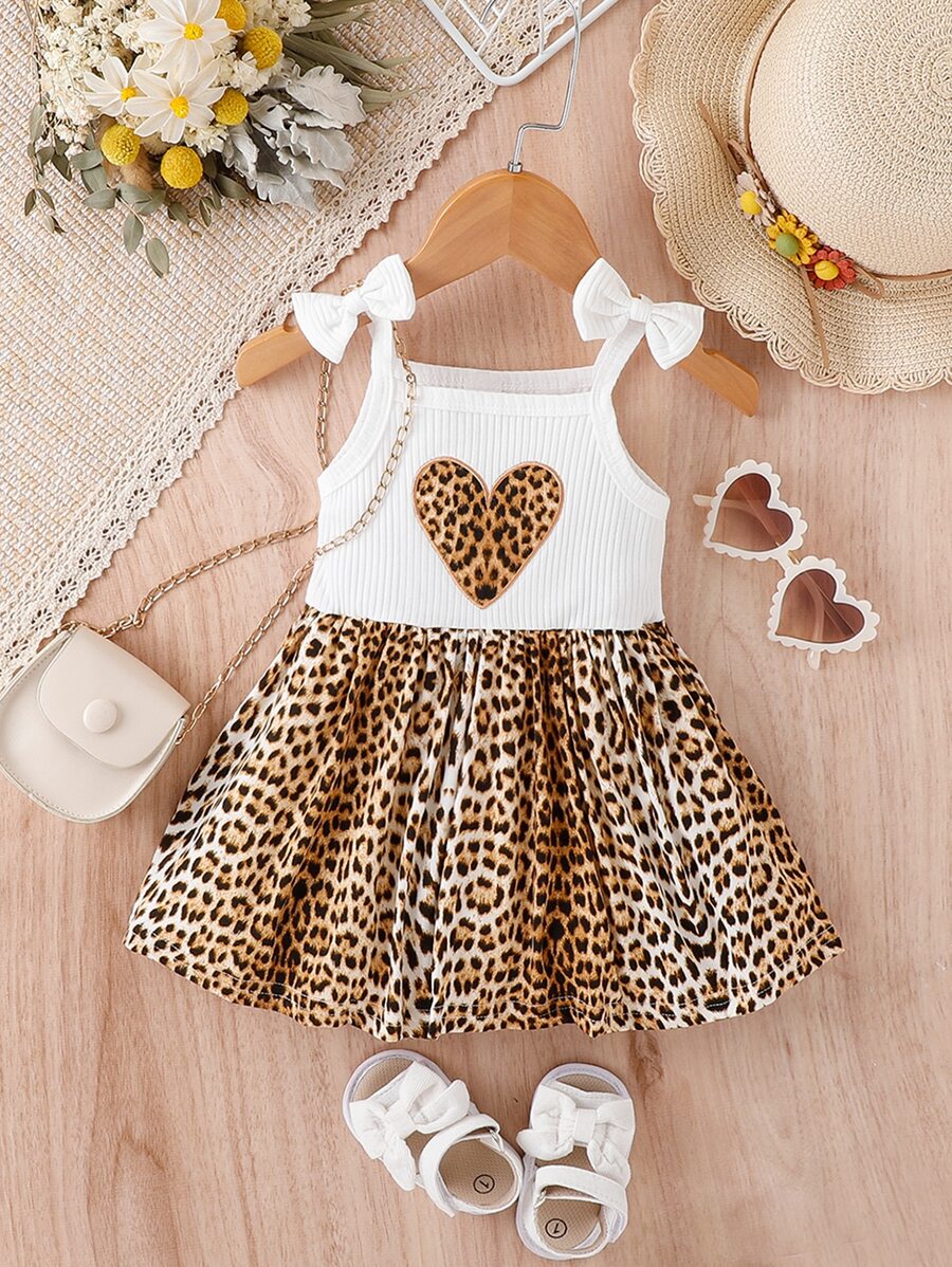 Baby Leopard Print Heart Embroidery Bow Shoulder Cami Dress - Multicolor - View 1