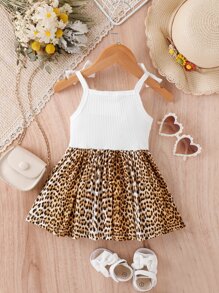 Baby Leopard Print Heart Embroidery Bow Shoulder Cami Dress - Multicolor - View 2