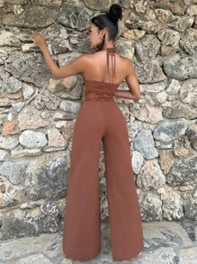 SHEIN SXY Áo liền quần nữ Lộ Lưng Tương phản ren Buộc lại Tách cao màu trơn Gợi cảm - Gỗ đỏ - Xem 2