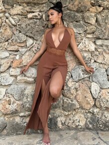 SHEIN SXY Áo liền quần nữ Lộ Lưng Tương phản ren Buộc lại Tách cao màu trơn Gợi cảm - Gỗ đỏ - Xem 3