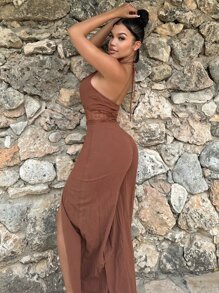 SHEIN SXY Áo liền quần nữ Lộ Lưng Tương phản ren Buộc lại Tách cao màu trơn Gợi cảm - Gỗ đỏ - Xem 4