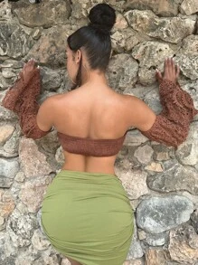 SHEIN SXY 一字肩蕾絲袖頭巾下擺短款上衣