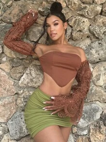 SHEIN SXY 一字肩蕾絲袖頭巾下擺短款上衣