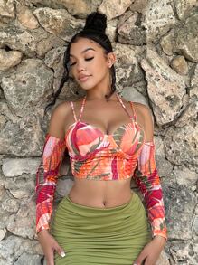 SHEIN SXY Allover Print Cold Shoulder Crop Top - Multicolor - View 4