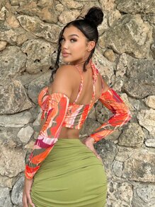 SHEIN SXY Allover Print Cold Shoulder Crop Top - Multicolor - View 2