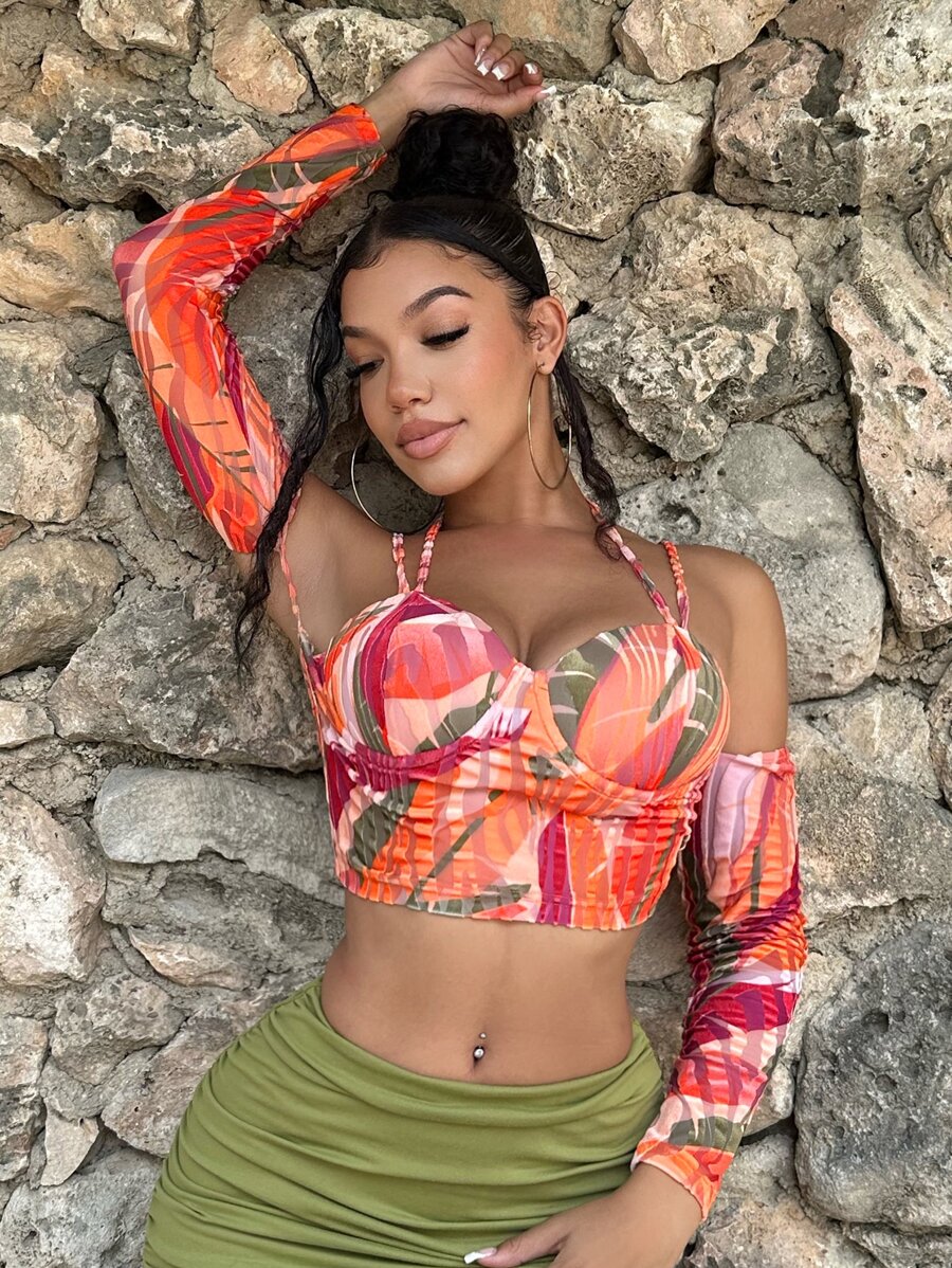 SHEIN SXY Allover Print Cold Shoulder Crop Top - Multicolor - View 1