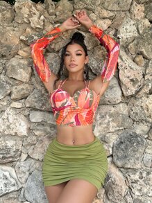 SHEIN SXY Allover Print Cold Shoulder Crop Top - Multicolor - View 5