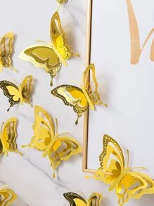 12張紙蝴蝶貼紙現代鏤空3D蝴蝶家用貼紙 - 金色 - 查看 3