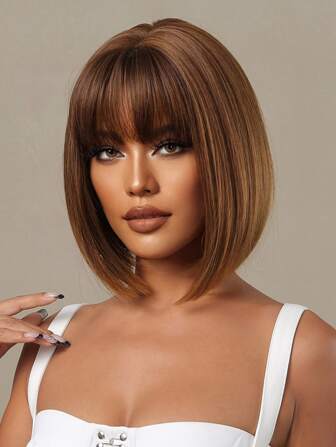 12-Inch Short Straight Synthetic Wig, Brown, With Bangs, Flash Bob Style Wig For Daily Wear