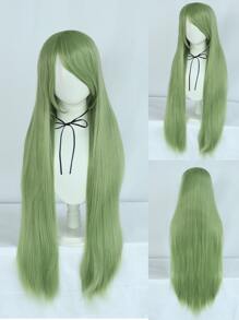 1pc Long Straight Synthetic Wig With Bangs & 1pc Wig Cap - Green - View 1