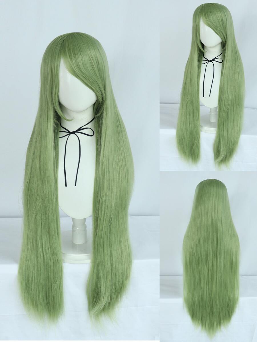 1pc Long Straight Synthetic Wig With Bangs & 1pc Wig Cap - Green - View 1