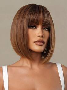12-Inch Short Straight Synthetic Wig, Brown, With Bangs, Flash Bob Style Wig For Daily Wear