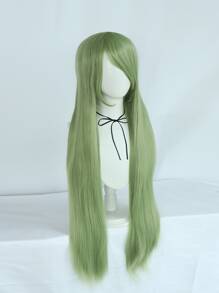 1pc Long Straight Synthetic Wig With Bangs & 1pc Wig Cap - Green - View 5