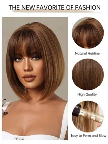 12-Inch Short Straight Synthetic Wig, Brown, With Bangs, Flash Bob Style Wig For Daily Wear