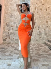 SHEIN SXY Đầm Lộ Lưng Cắt ra Nhẫn màu trơn Gợi cảm - trái cam - Xem 1