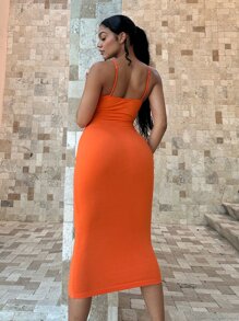 SHEIN SXY Đầm Lộ Lưng Cắt ra Nhẫn màu trơn Gợi cảm - trái cam - Xem 2