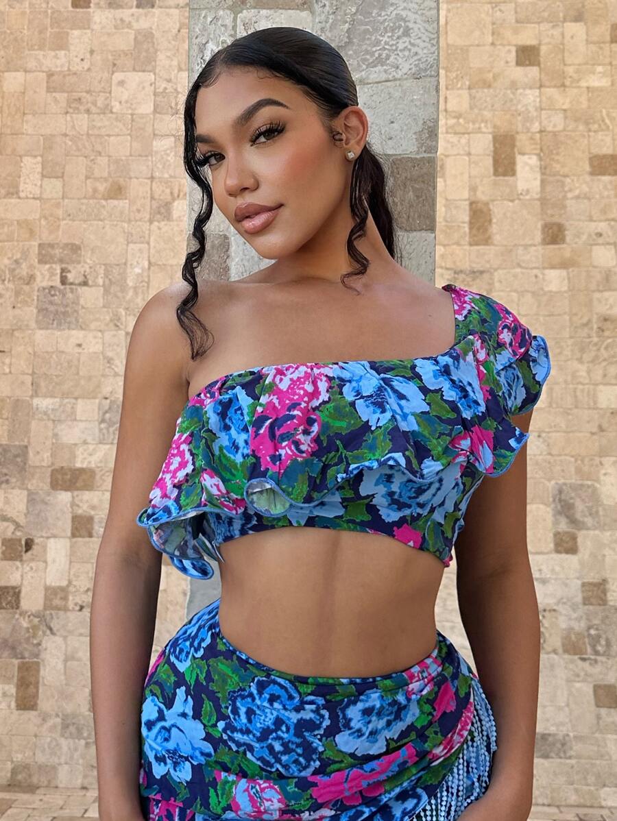SHEIN SXY Floral Print One Shoulder Ruffle Trim Crop Top - Multicolor - View 1