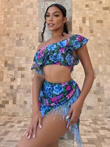 SHEIN SXY Floral Print One Shoulder Ruffle Trim Crop Top - Multicolor - View 3